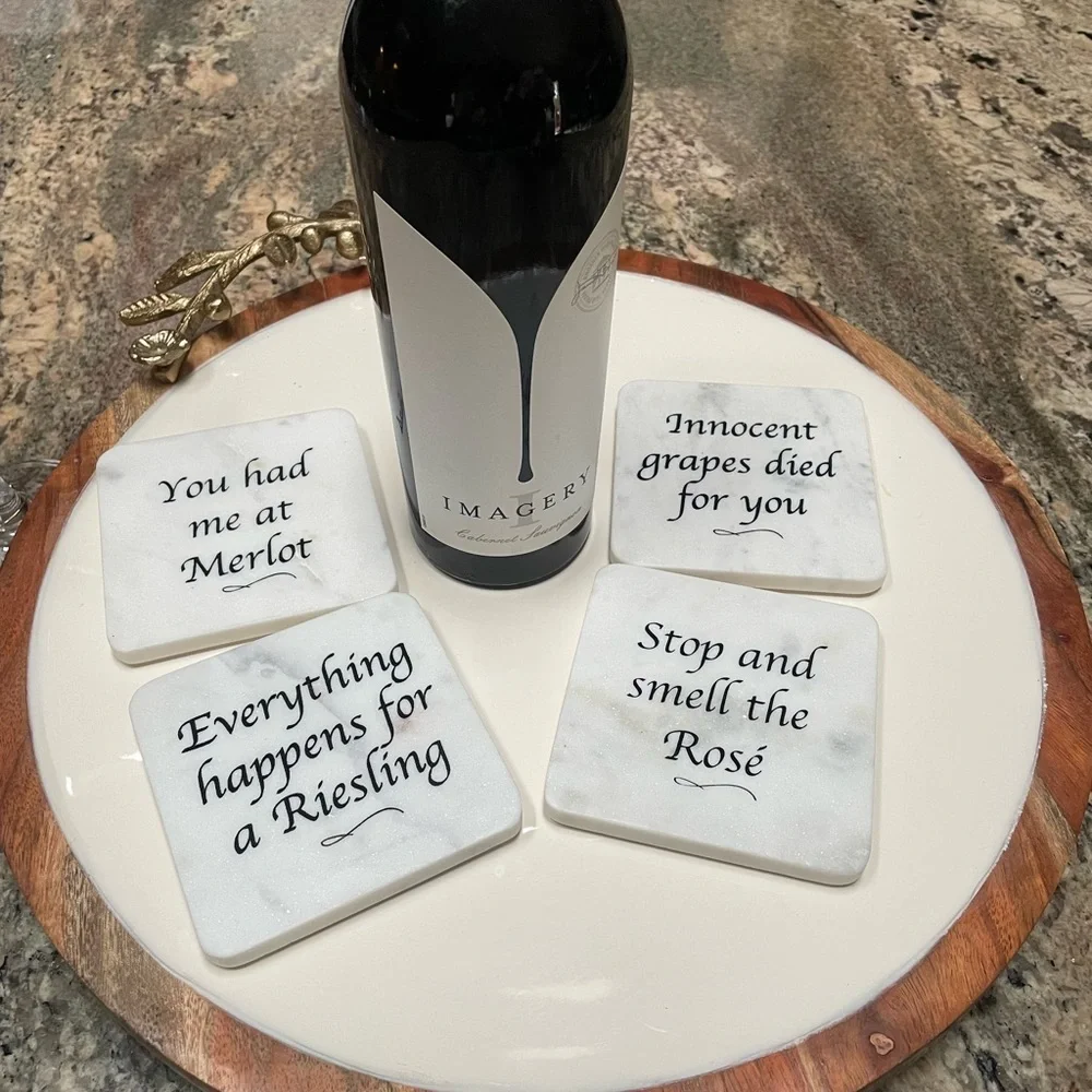 SOLID MARBEL COASTERS WINE lovers theme fun sayings nature stone set of 4 boxed